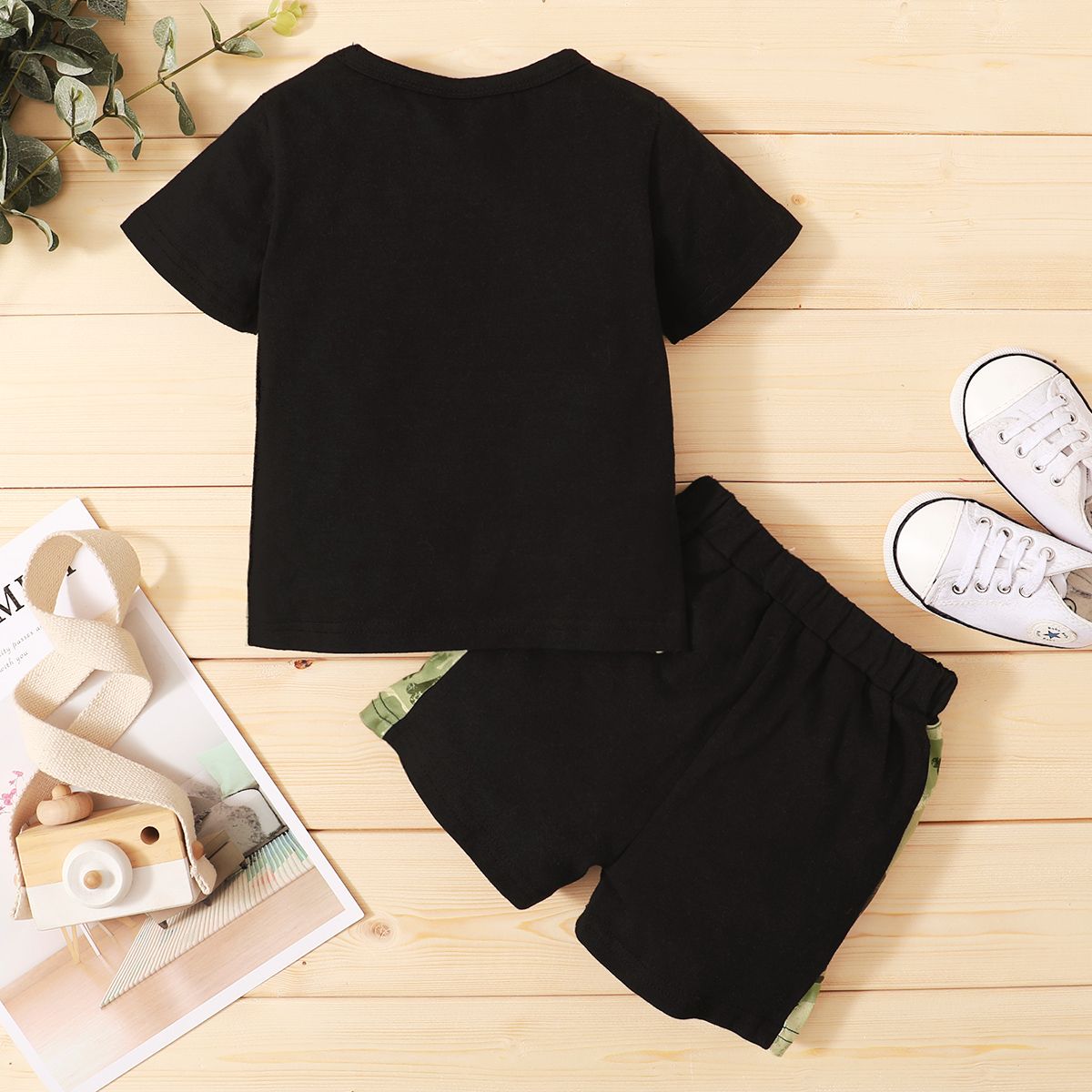 Kid Boy Summer Fashion Dinosaur Design Short Sleeve Shirt Black Pants