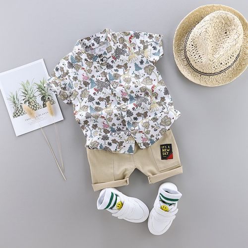 Boys Flowers Printed Shirt + Short Pant Cotton Suit - White