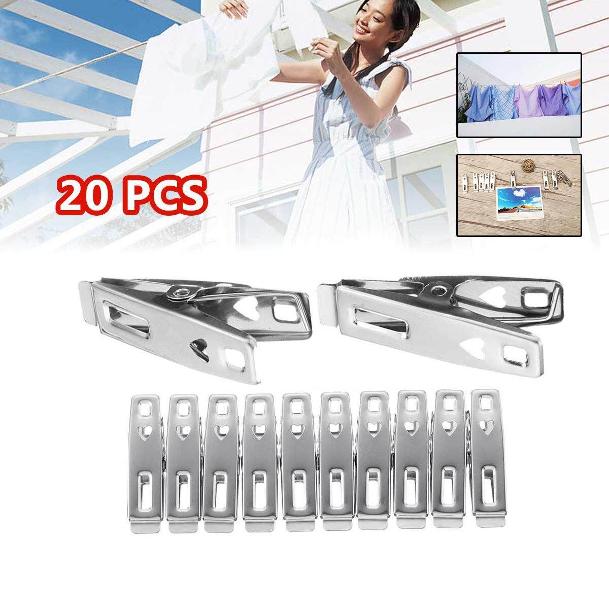 20Pcs Stainless Steel Metal Clothes Pegs Hanging Pins Clips Laundry Waterproof Clamps Underwear Sock Drying Rack