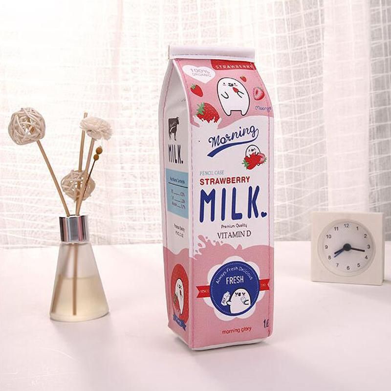 New Creative Simulation Of Milk Cartoon Pencil Case Cute PU Pen Bag Stationery Pouch for Student School Supplies red