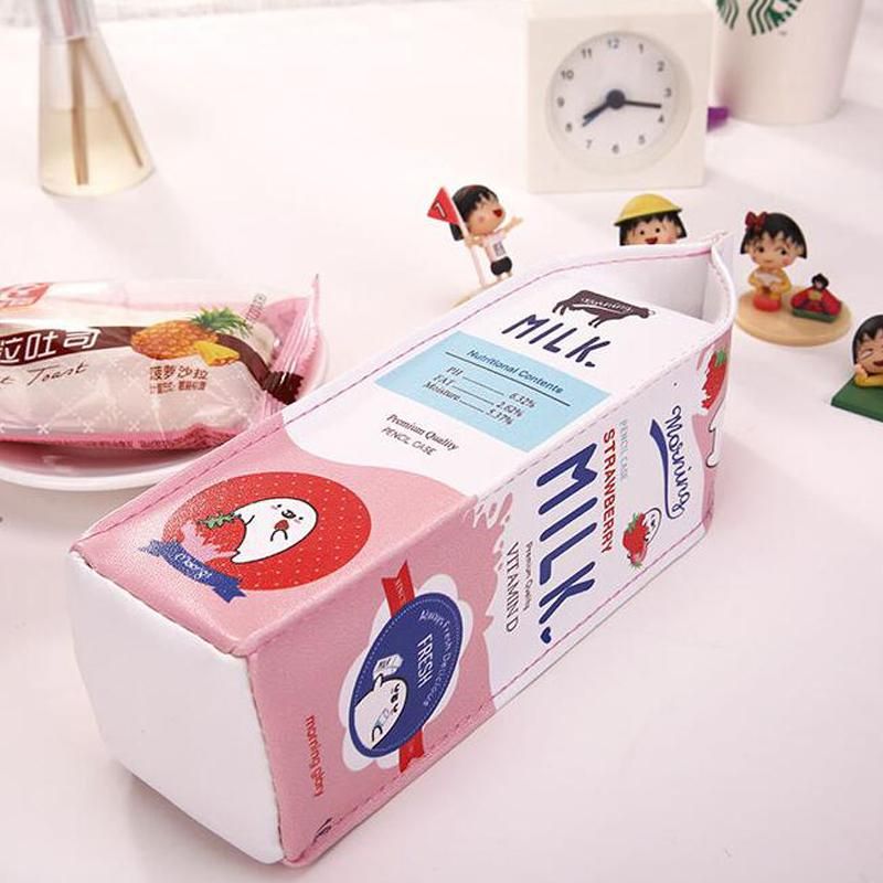 New Creative Simulation Of Milk Cartoon Pencil Case Cute PU Pen Bag Stationery Pouch for Student School Supplies red