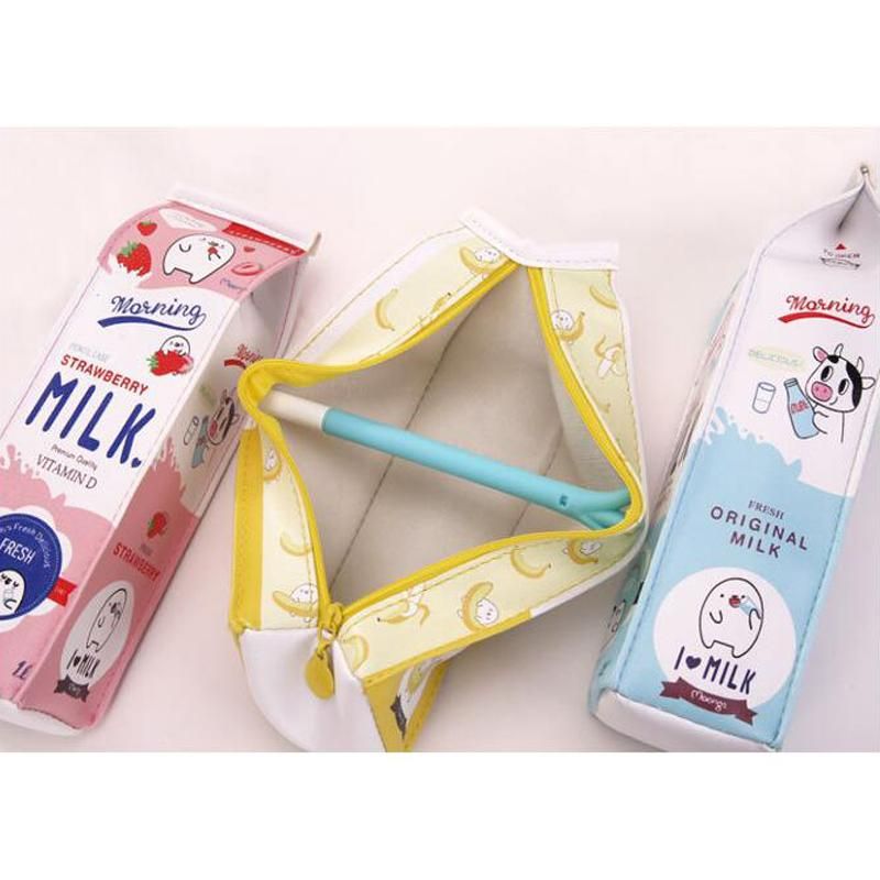 New Creative Simulation Of Milk Cartoon Pencil Case Cute PU Pen Bag Stationery Pouch for Student School Supplies red