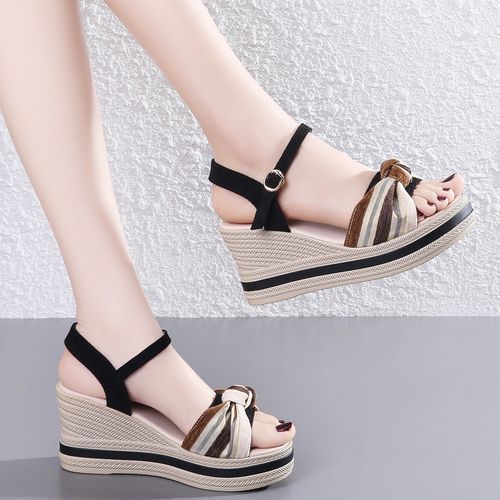 Summer Holiday Wedge Sandals Women Shoes Bohemian Style Elegant Platform Sandals Beach Shoes Buckle Strap Open Toe Sexy Ladies Shoes Woman Luxury Suede Leather Party Footwear Black