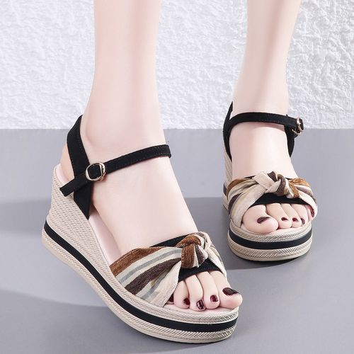 Summer Holiday Wedge Sandals Women Shoes Bohemian Style Elegant Platform Sandals Beach Shoes Buckle Strap Open Toe Sexy Ladies Shoes Woman Luxury Suede Leather Party Footwear Black