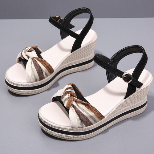 Summer Holiday Wedge Sandals Women Shoes Bohemian Style Elegant Platform Sandals Beach Shoes Buckle Strap Open Toe Sexy Ladies Shoes Woman Luxury Suede Leather Party Footwear Black