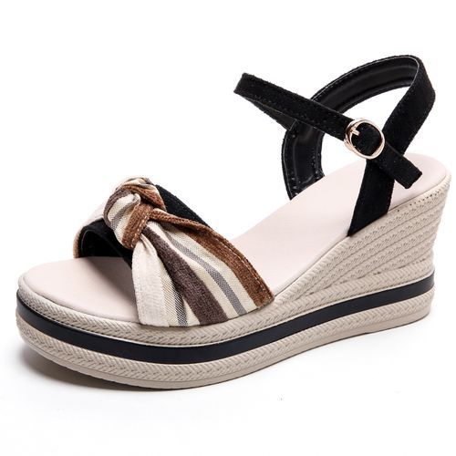 Summer Holiday Wedge Sandals Women Shoes Bohemian Style Elegant Platform Sandals Beach Shoes Buckle Strap Open Toe Sexy Ladies Shoes Woman Luxury Suede Leather Party Footwear Black