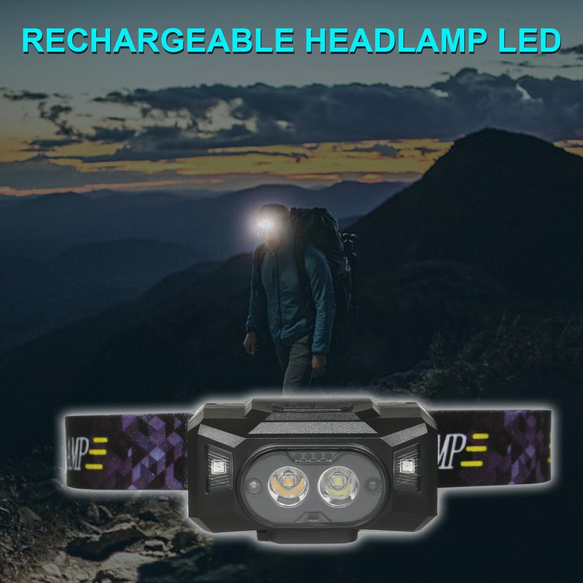 LED Headlamp Flashlights Camping Hiking Head Lamp Motion Sensor Headlight 6 Lighting Modes Adjustable Headband Rechargeable Outdoor Fishing Running Cycling