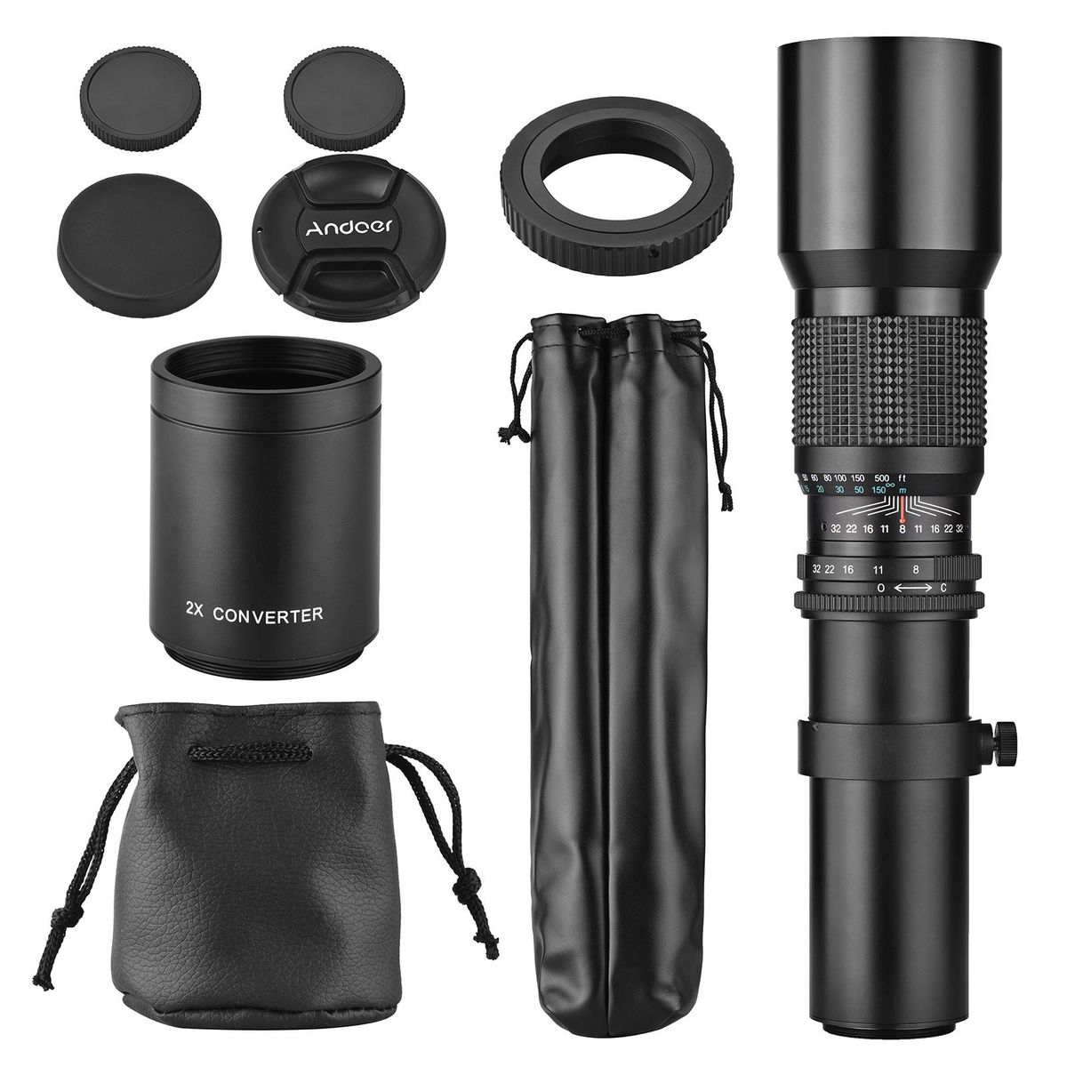 Andoer 500mm/ 1000mm f/8 Manual Focus Camera High Power Telephoto Lens with 2X Converter Lens Cover Lens Protector Carrying Bag for Scenery Photography Stage Shooting Sport Event Photography Replacement for Canon EOS 80D EOS 