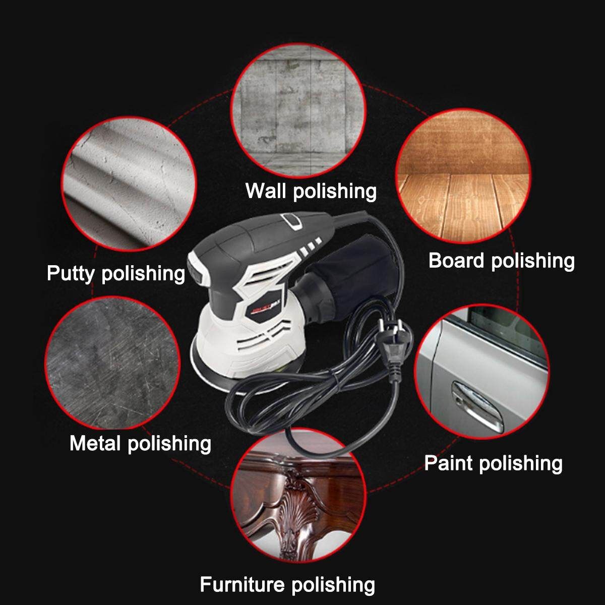 250W 125mm (5") Electric Palm Sander Random Orbital Belt Sander Sanding Tool DIY White