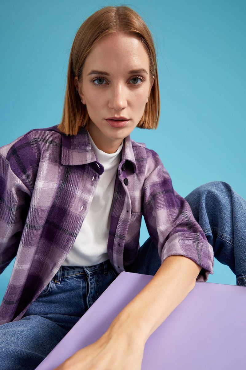 Woman Casual Shacket Shirt Neck Woven Long Sleeve Shirt - Purple