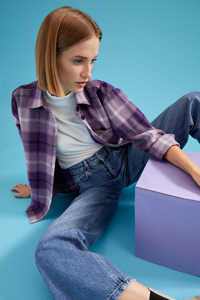 Woman Casual Shacket Shirt Neck Woven Long Sleeve Shirt - Purple
