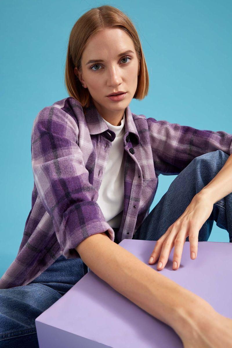 Woman Casual Shacket Shirt Neck Woven Long Sleeve Shirt - Purple