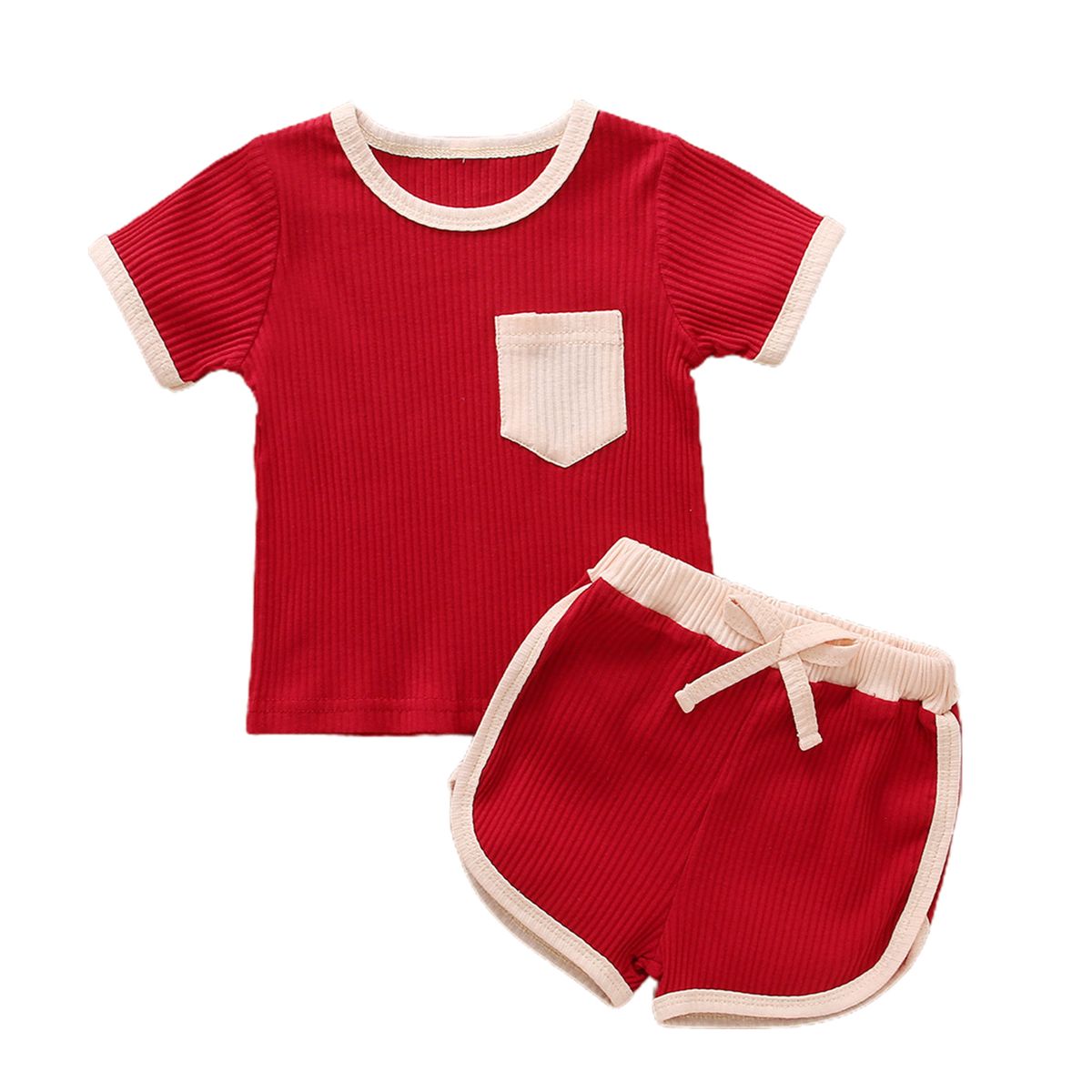 Shorts Short Sleeve Pockets Set Boys Pit Stripes-Wine Red