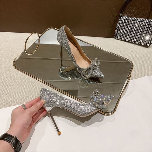 Beautiful Elegant Shiny Rhinestone Bridal Wedding Stiletto Heels -Silver
