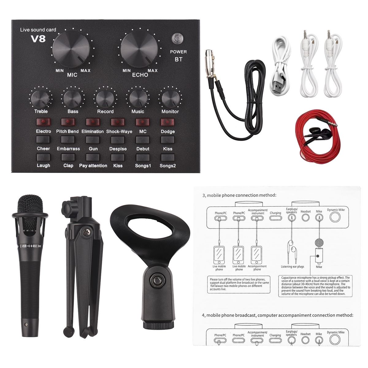 V8 External Live Sound Card Microphone Set With 12 Sound