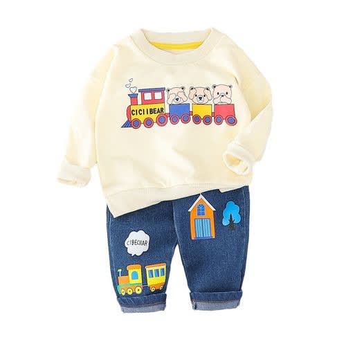 Baby Boy Train Design Clothing Set - Multicolour Cream