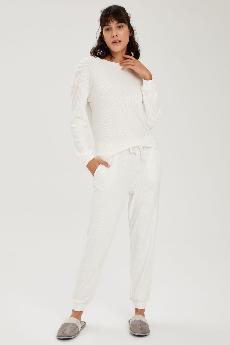 Woman Relax Fit Crew Neck Long Sleeve Homewear Knitted Tops - Ecru