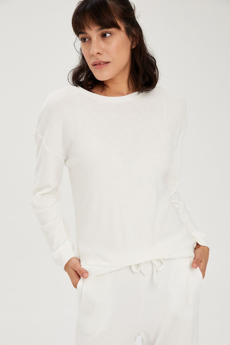 Woman Relax Fit Crew Neck Long Sleeve Homewear Knitted Tops - Ecru