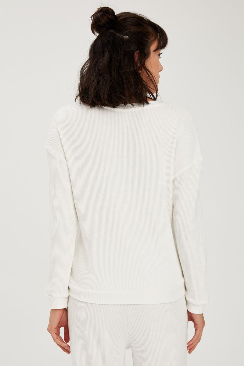 Woman Relax Fit Crew Neck Long Sleeve Homewear Knitted Tops - Ecru