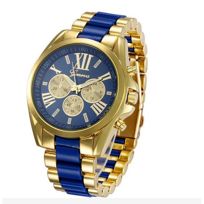 2 In 1 Stainless Steel Ladies Women Female Wrist Watch And Bracelet-Blue/Gold