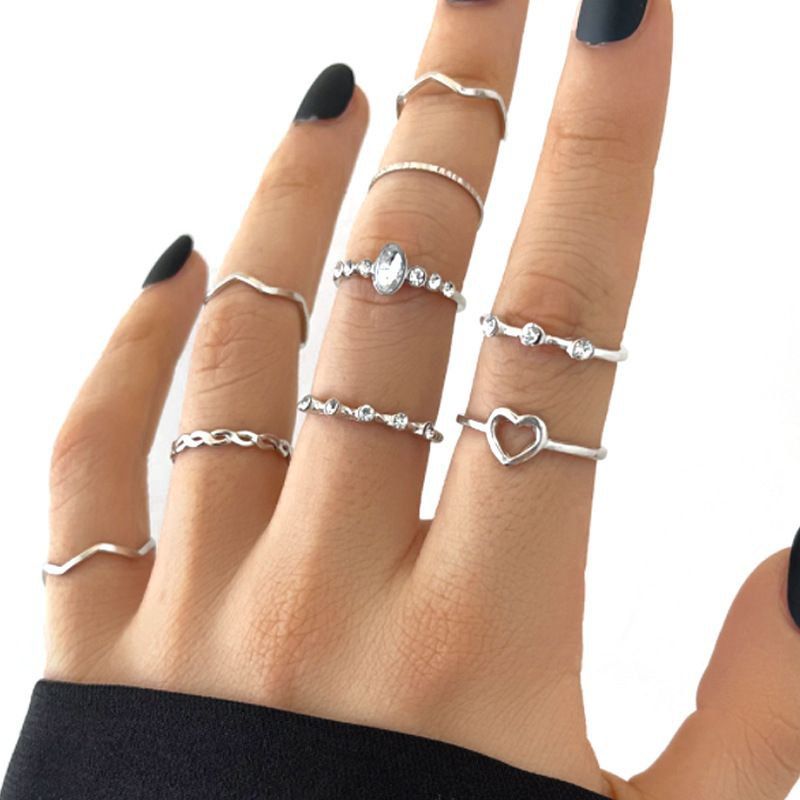 9 In 1 Knuckle Ring Set Love Rhinestone Rings For Women