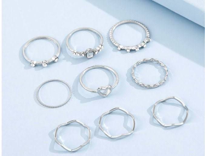 9 In 1 Knuckle Ring Set Love Rhinestone Rings For Women