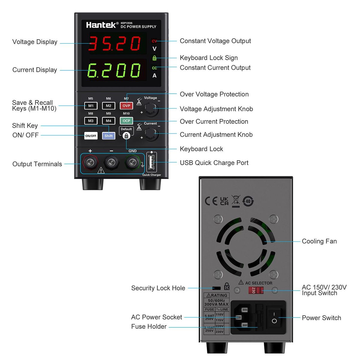 Hantek HDP135V6 Digital Bench DC Power Supply Variable 35V 6A Adjustable Switching Regulated Power Supply CV CC with Data Storage, On/ Off Output, USB Quick Charge, Encoder Adjustment Knob