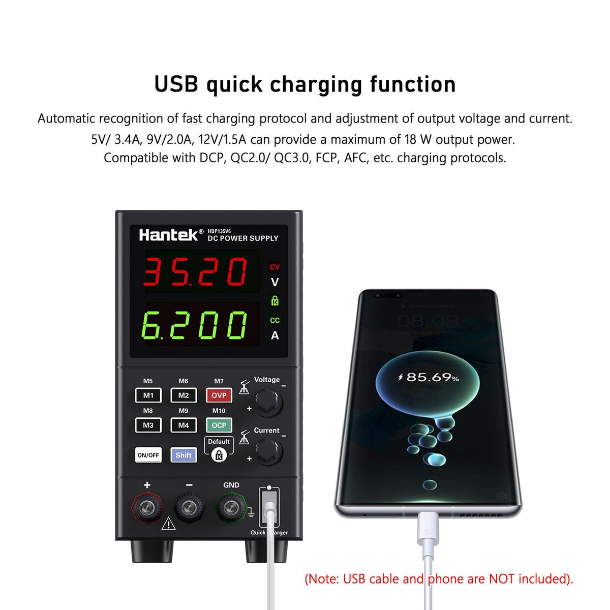 Hantek HDP135V6 Digital Bench DC Power Supply Variable 35V 6A Adjustable Switching Regulated Power Supply CV CC with Data Storage, On/ Off Output, USB Quick Charge, Encoder Adjustment Knob