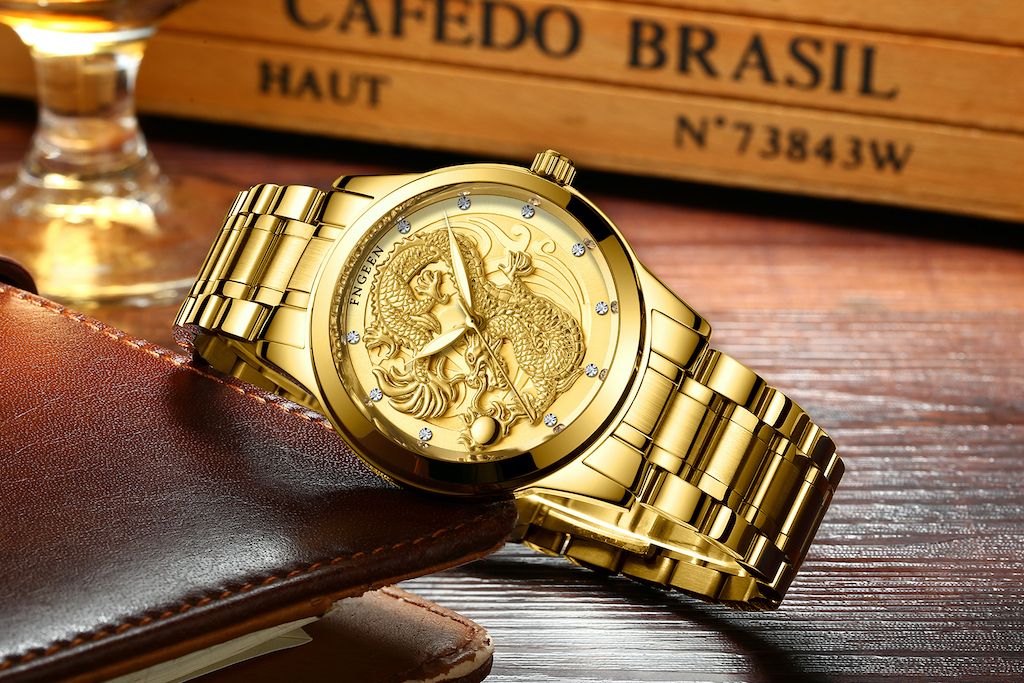 Men's Luxury Diamond Waterproof Quartz Watch - Gold