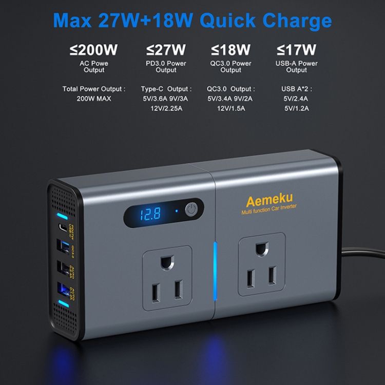 Car 200W Inverter USB Power Converter Socket, US Plug