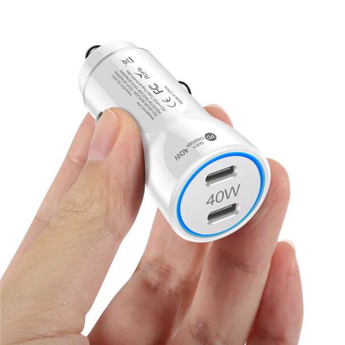 40W 2 Port Car Charger Fast Quick Charge PD USB Type C White
