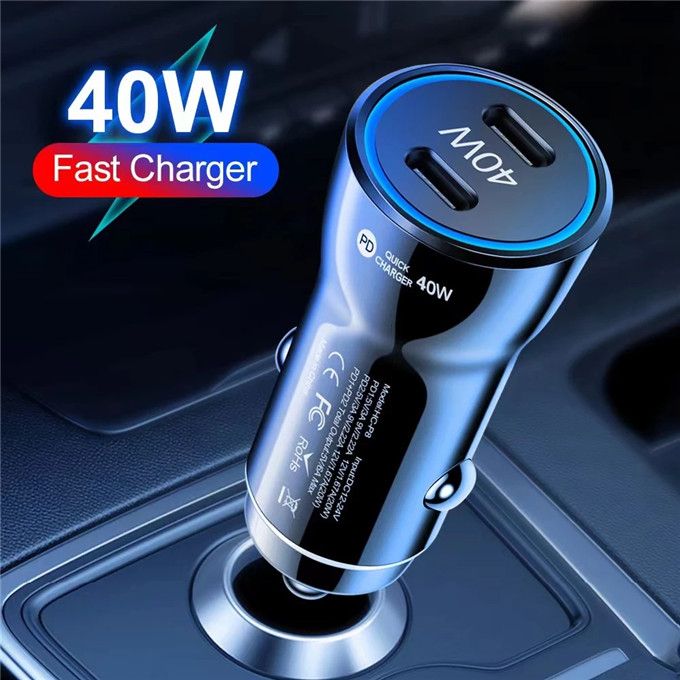 40W 2 Port Car Charger Fast Quick Charge PD USB Type C White