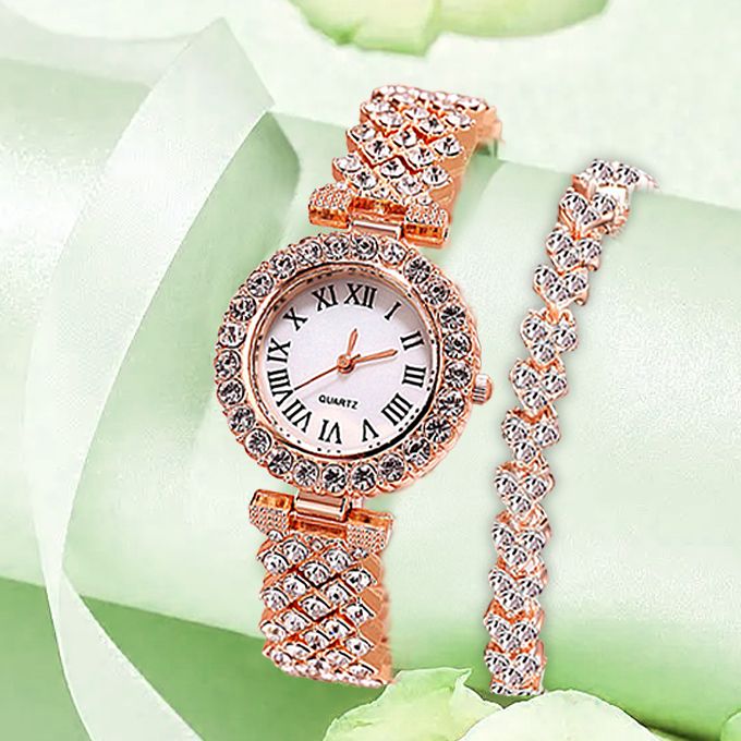 Elegant Studed Ladies Wristwatch With Hand Chain-Rose Gold