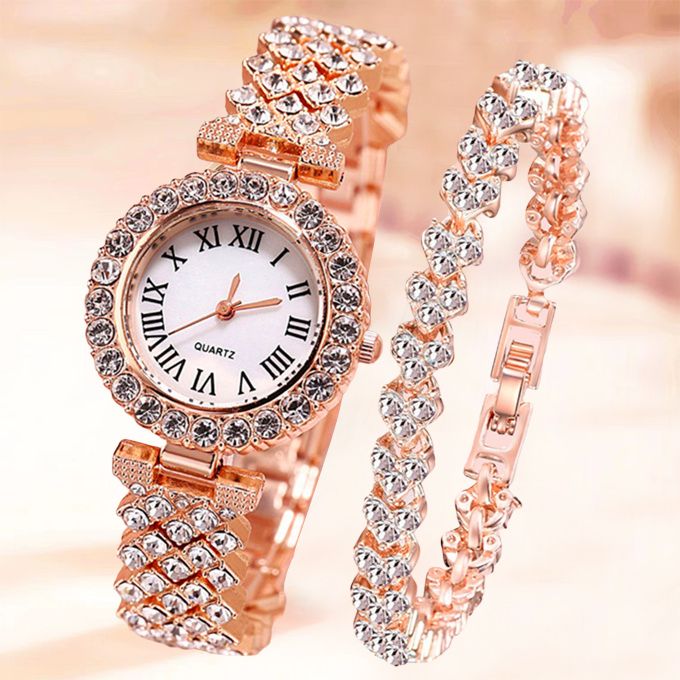 Elegant Studed Ladies Wristwatch With Hand Chain-Rose Gold