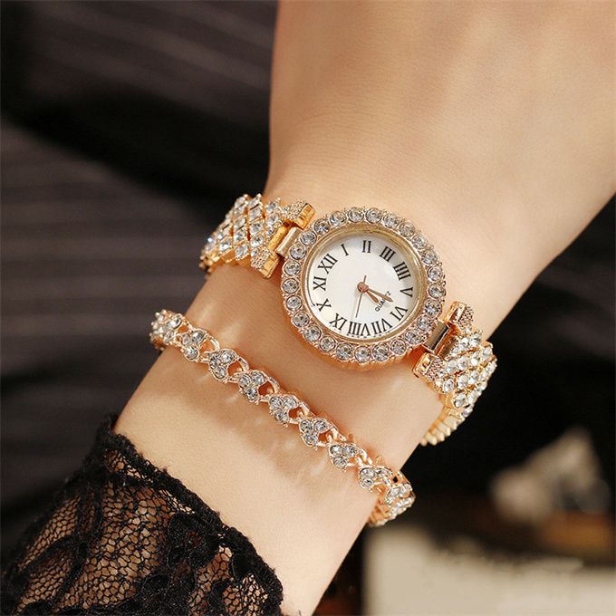 Elegant Studed Ladies Wristwatch With Hand Chain-Rose Gold