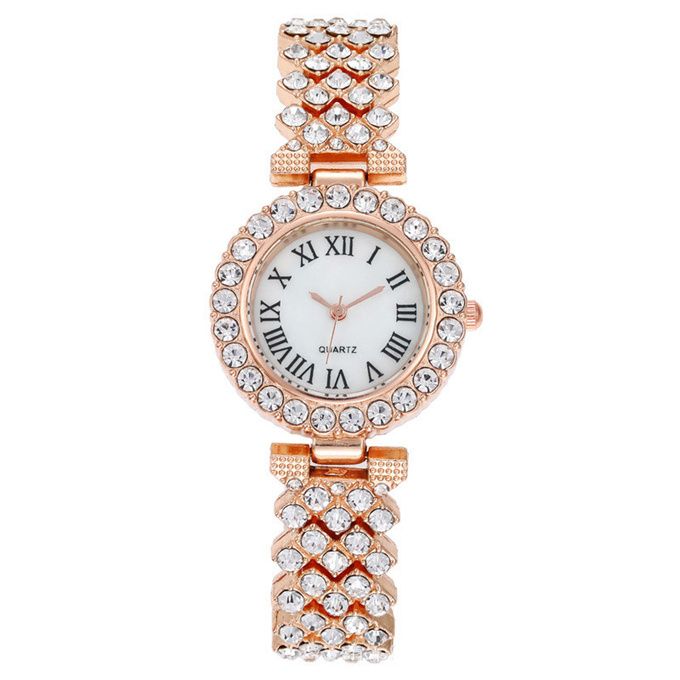 Elegant Studed Ladies Wristwatch With Hand Chain-Rose Gold