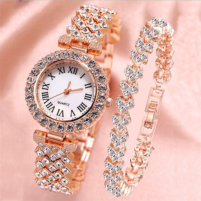 Elegant Studed Ladies Wristwatch With Hand Chain-Rose Gold