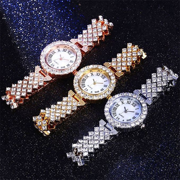 Elegant Studed Ladies Wristwatch With Hand Chain-Rose Gold