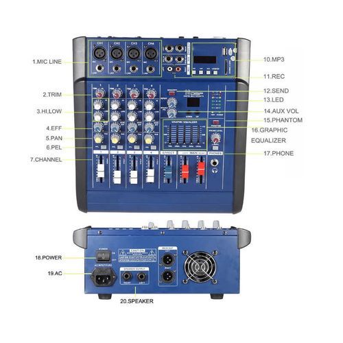 4 Channel Mixer & Power Amplifier USB Bluetooth 48V Phantom