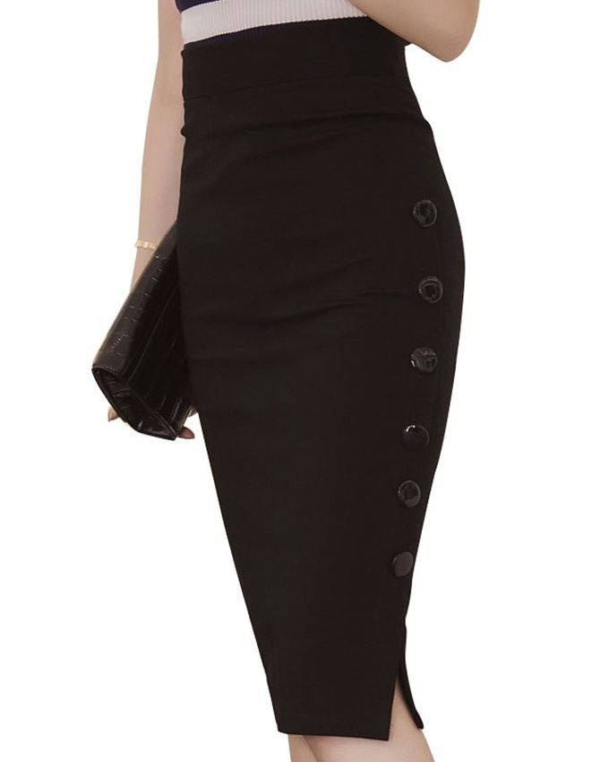 Open Slit Side Button Skirt - Black
