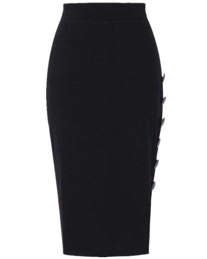 Open Slit Side Button Skirt - Black