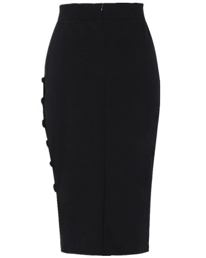 Open Slit Side Button Skirt - Black