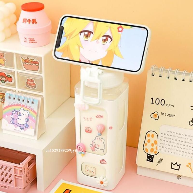 700ml Cute Water Bottle for Girls with Lid Straw Sticker Plastic Juice Milk Portable Kawaii Tumbler Children's Drinkware