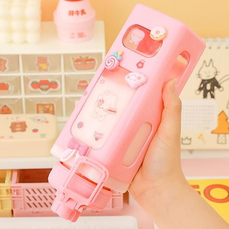700ml Cute Water Bottle for Girls with Lid Straw Sticker Plastic Juice Milk Portable Kawaii Tumbler Children's Drinkware