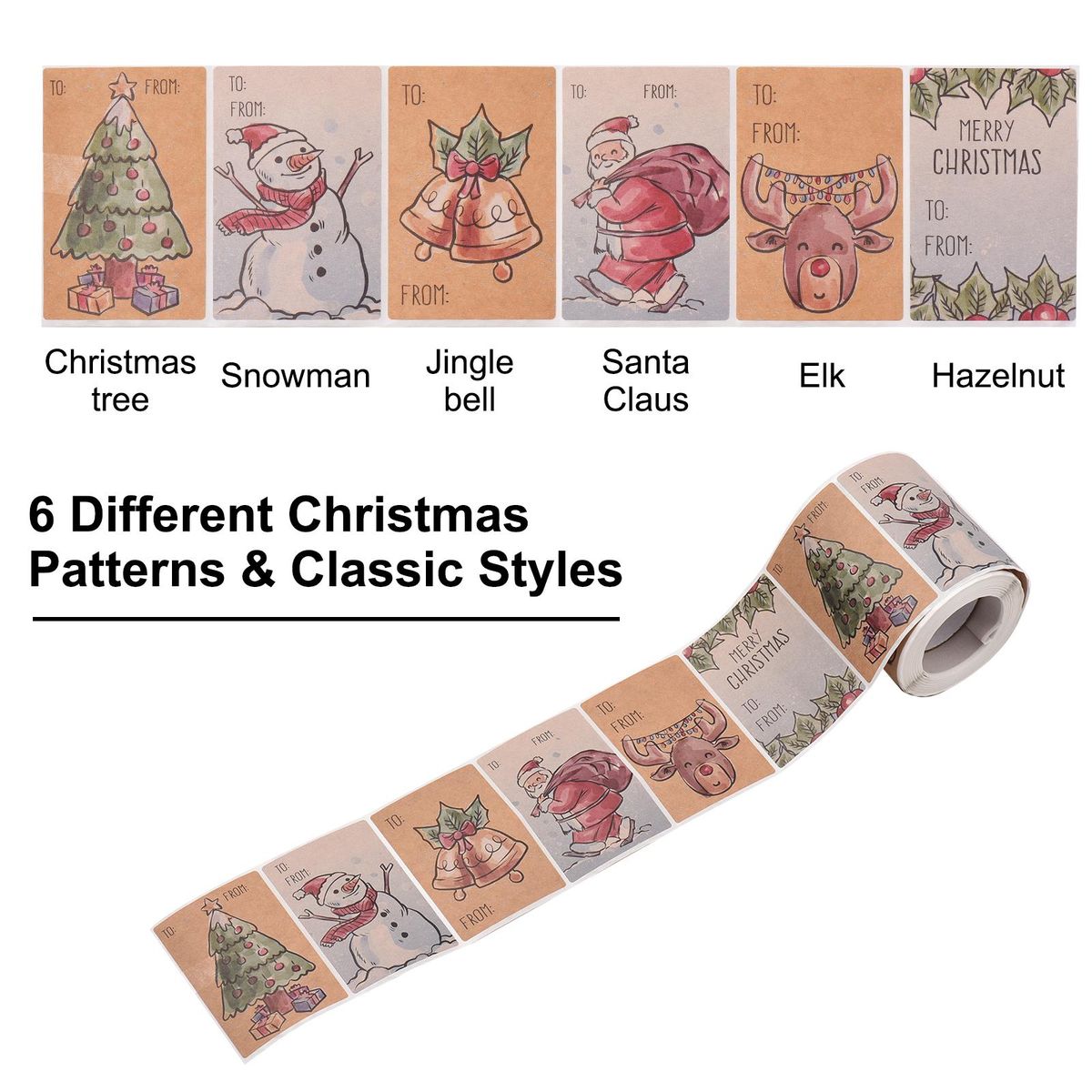 250 Pieces Christmas Kraft Stickers Adhesive Christmas Present Tags 6 Styles Gifts Name Stickers Rectangular Xmas Tag Decorations for Cups Bottles Boxes Christmas School Office Supplies