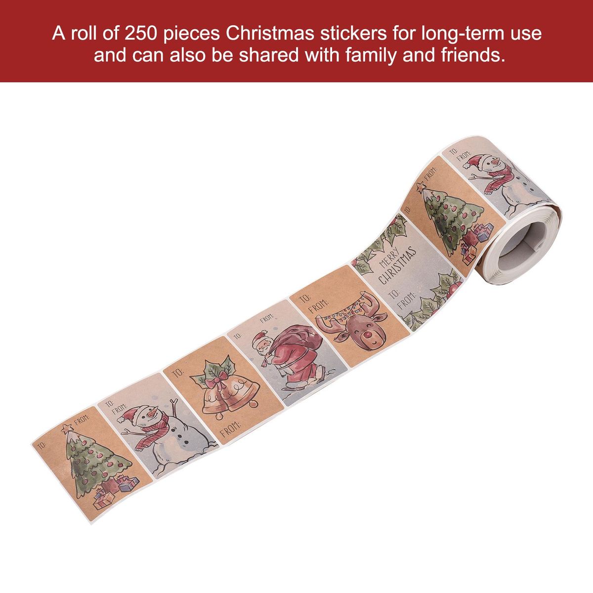250 Pieces Christmas Kraft Stickers Adhesive Christmas Present Tags 6 Styles Gifts Name Stickers Rectangular Xmas Tag Decorations for Cups Bottles Boxes Christmas School Office Supplies