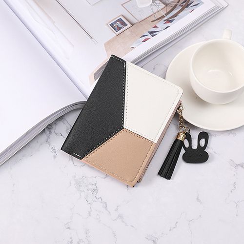 Women's Wallet PU Leather Spliced Zipper Purse - Black