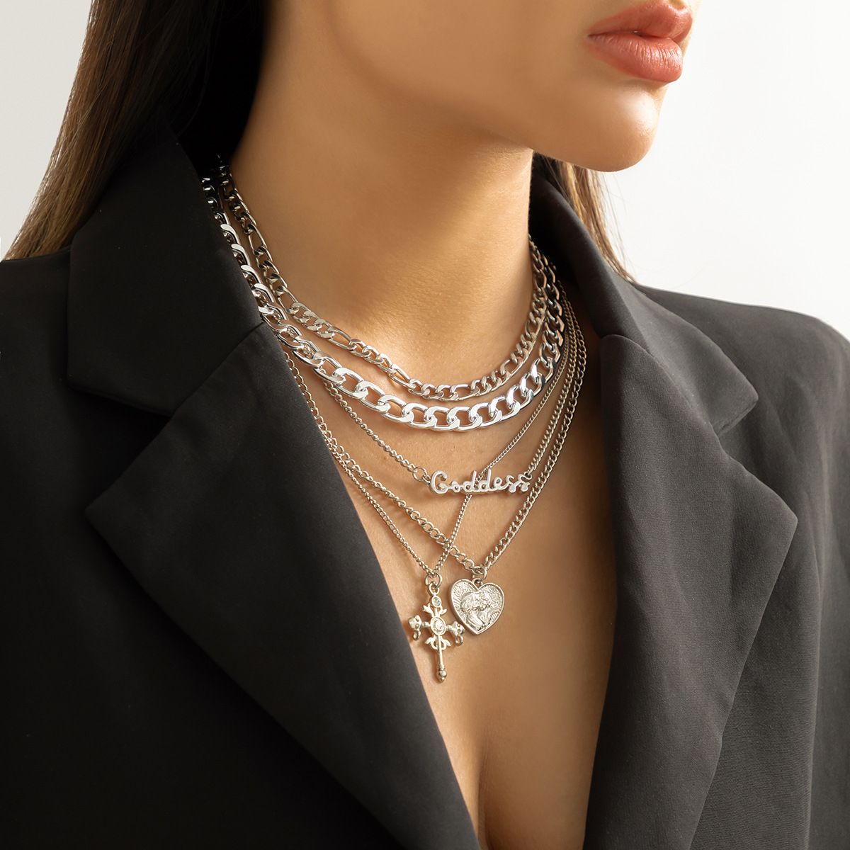 Hip Hop Cross Pendant Necklace Multi Layer Collar Chain