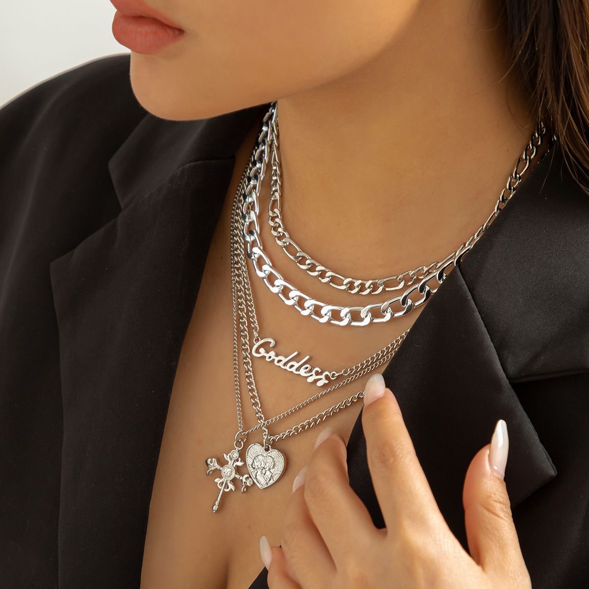 Hip Hop Cross Pendant Necklace Multi Layer Collar Chain