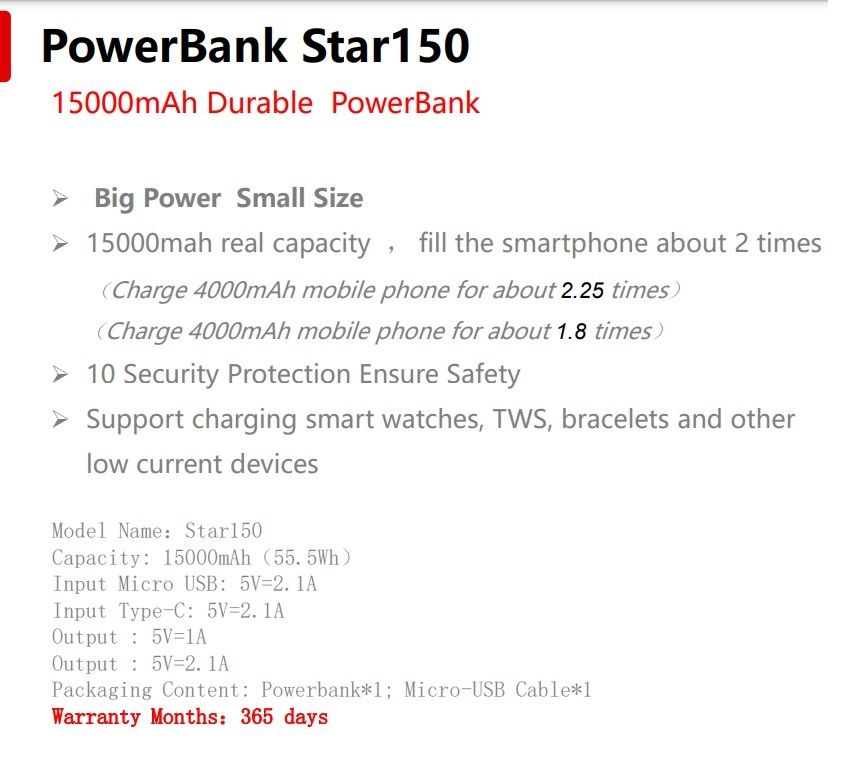 15000mAh Dual Output Fast Charging Power Bank